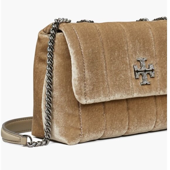 TORY BURCH Small Kira Velvet Pave Logo Quilted Crossbody Bag -Taupe - New w/Tags - Picture 3 of 5